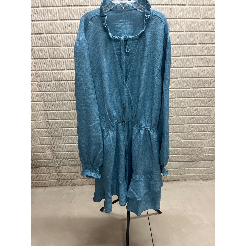 Cupshe Teal Blue Ruffle Neck Long Sleeve Mini Dress XL Boho CAA05A4J106RR